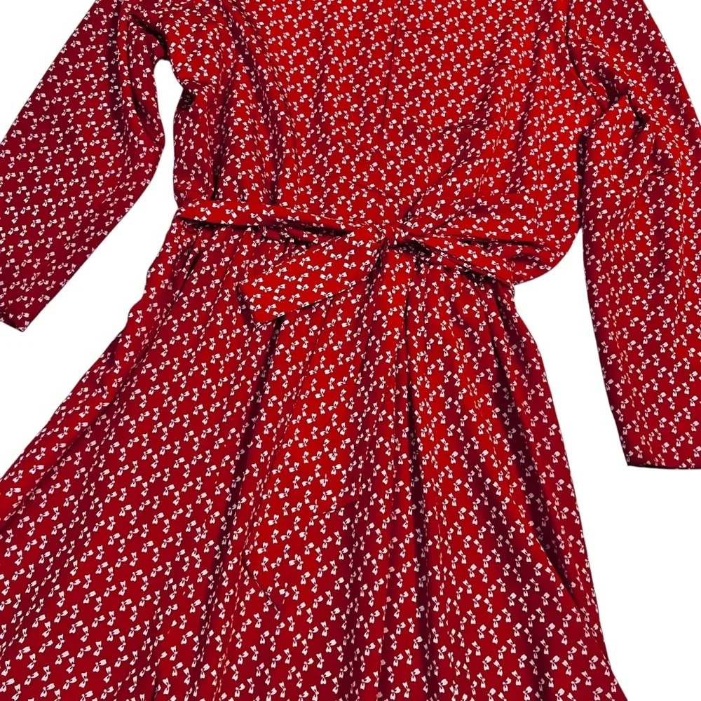 Henry Lee Vintage Red Bow Print Dress Union Made Size 14 Belted Full Skirt‎